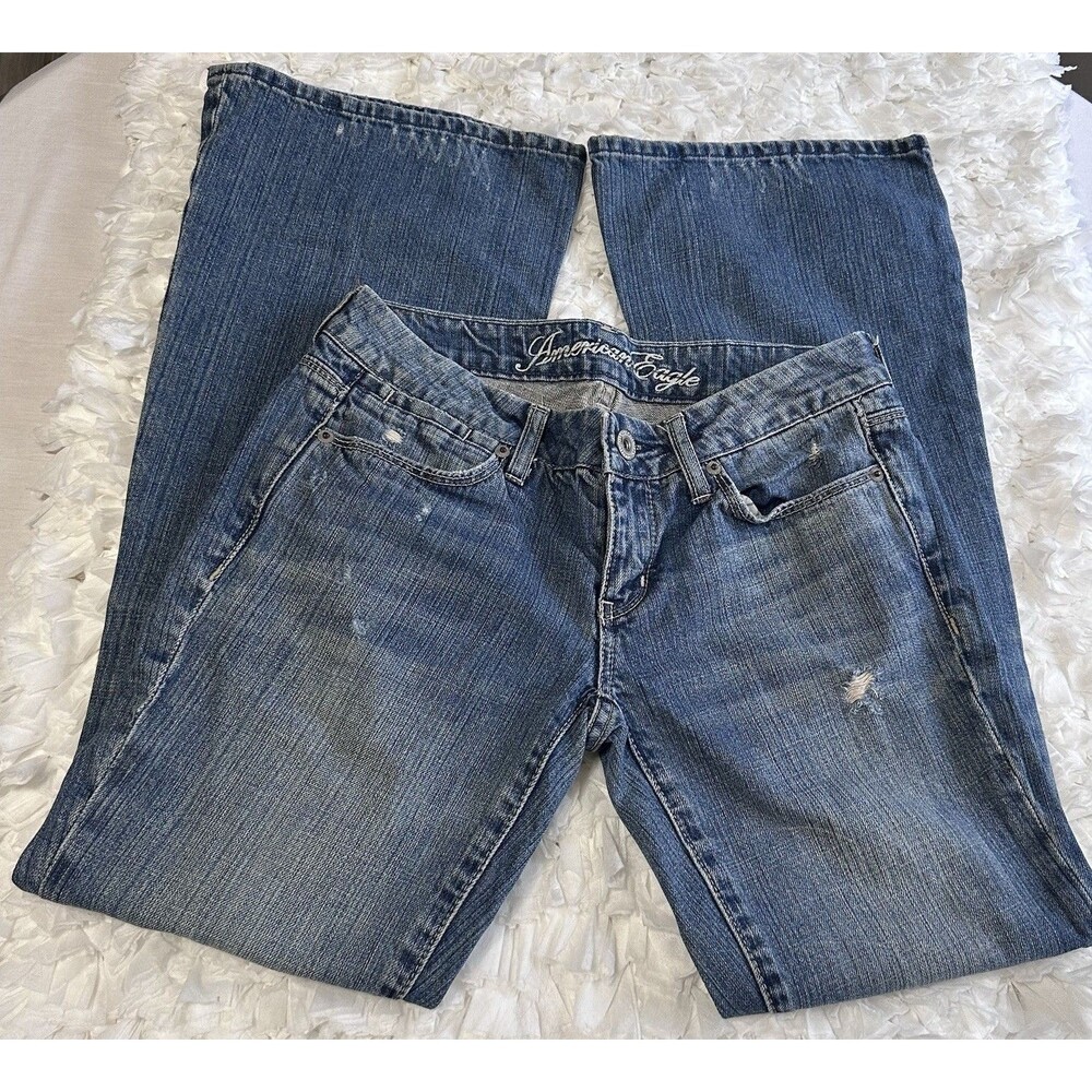 American Eagle Outfitters Flared Jeans Blue Distressed Button Y2K